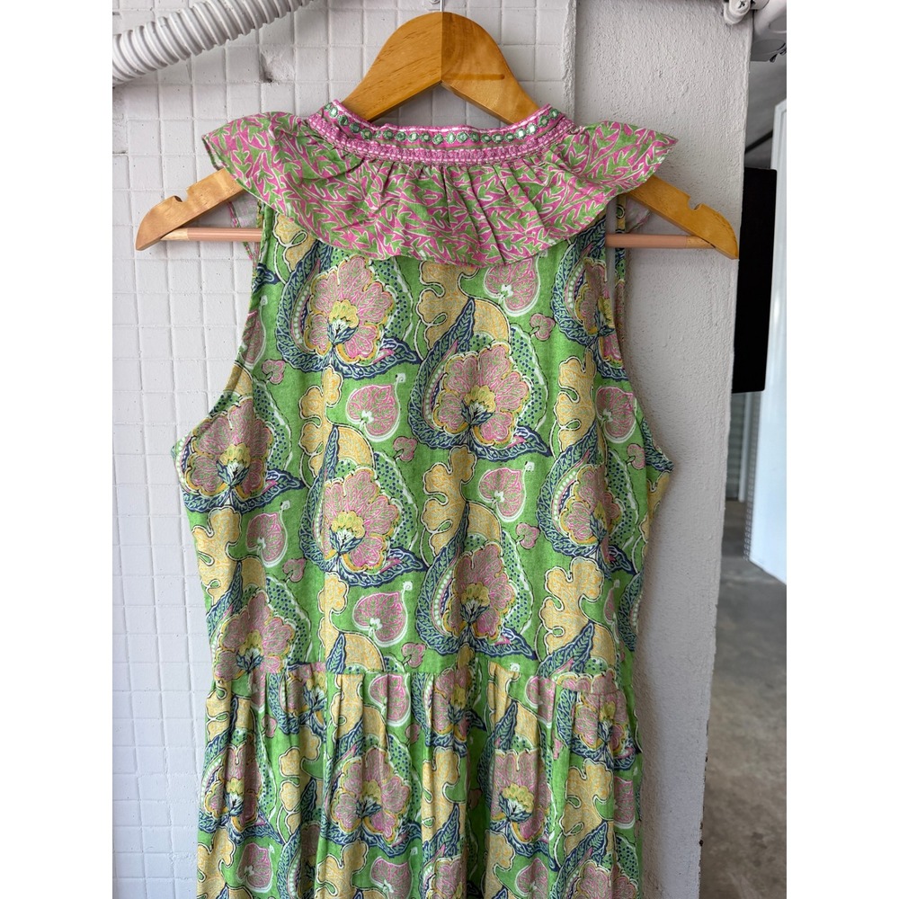Bella Tu S Cotton Green Pink Floral Ruffle V-Neck Tiered Maxi Boho Dress Resort - Picture 7 of 9